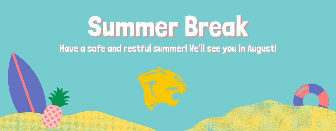 Summer break banner with Cougar head on beach