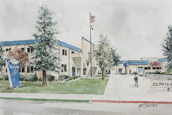 Watercolor painting of the front of Clovis High School